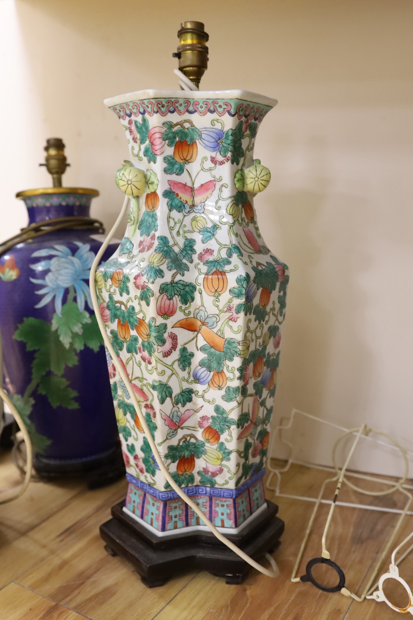 A large Chinese cloisonné enamel table lamp and two other table lamps (3)